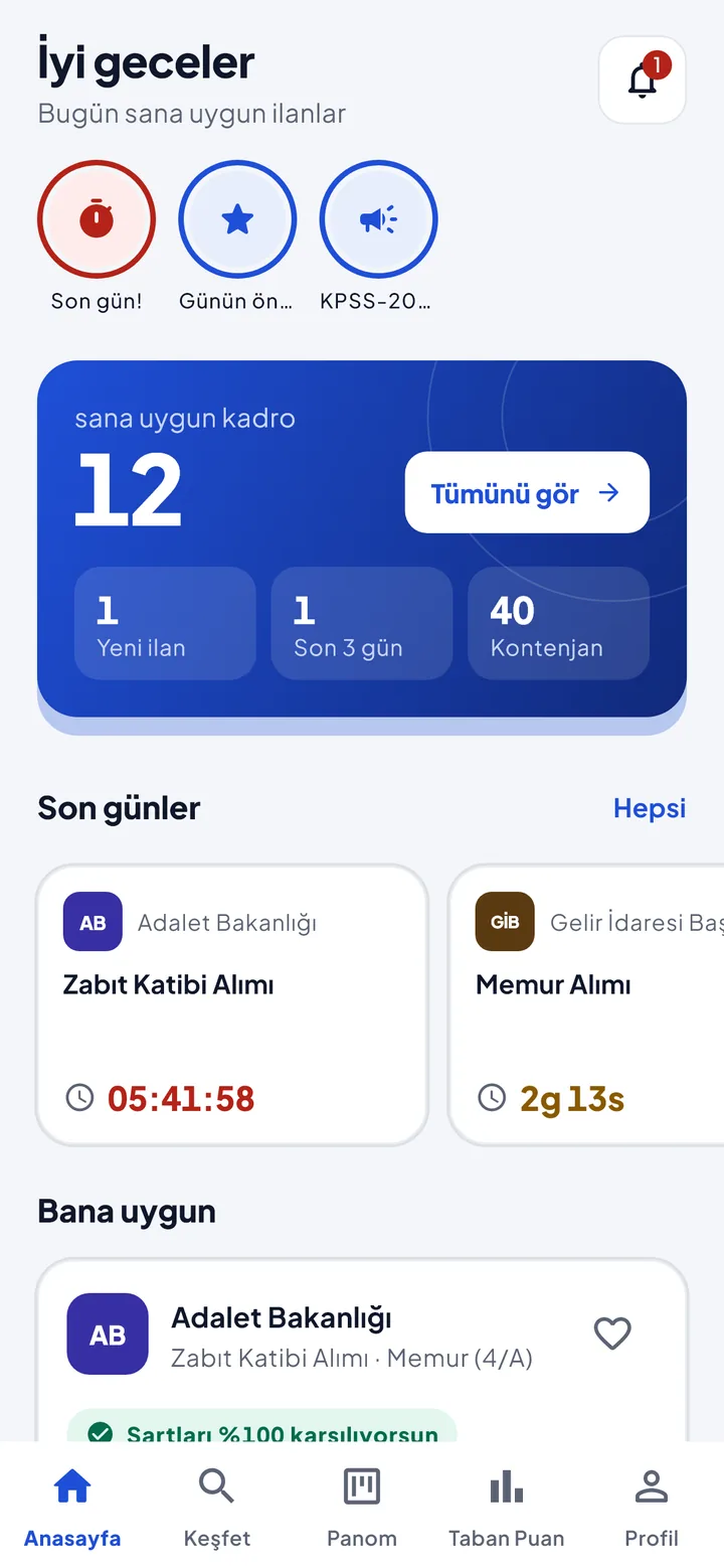 Kadro Cepte ana sayfası: sana uygun kadro sayısı, son günü yaklaşan ilanlar ve geri sayım.